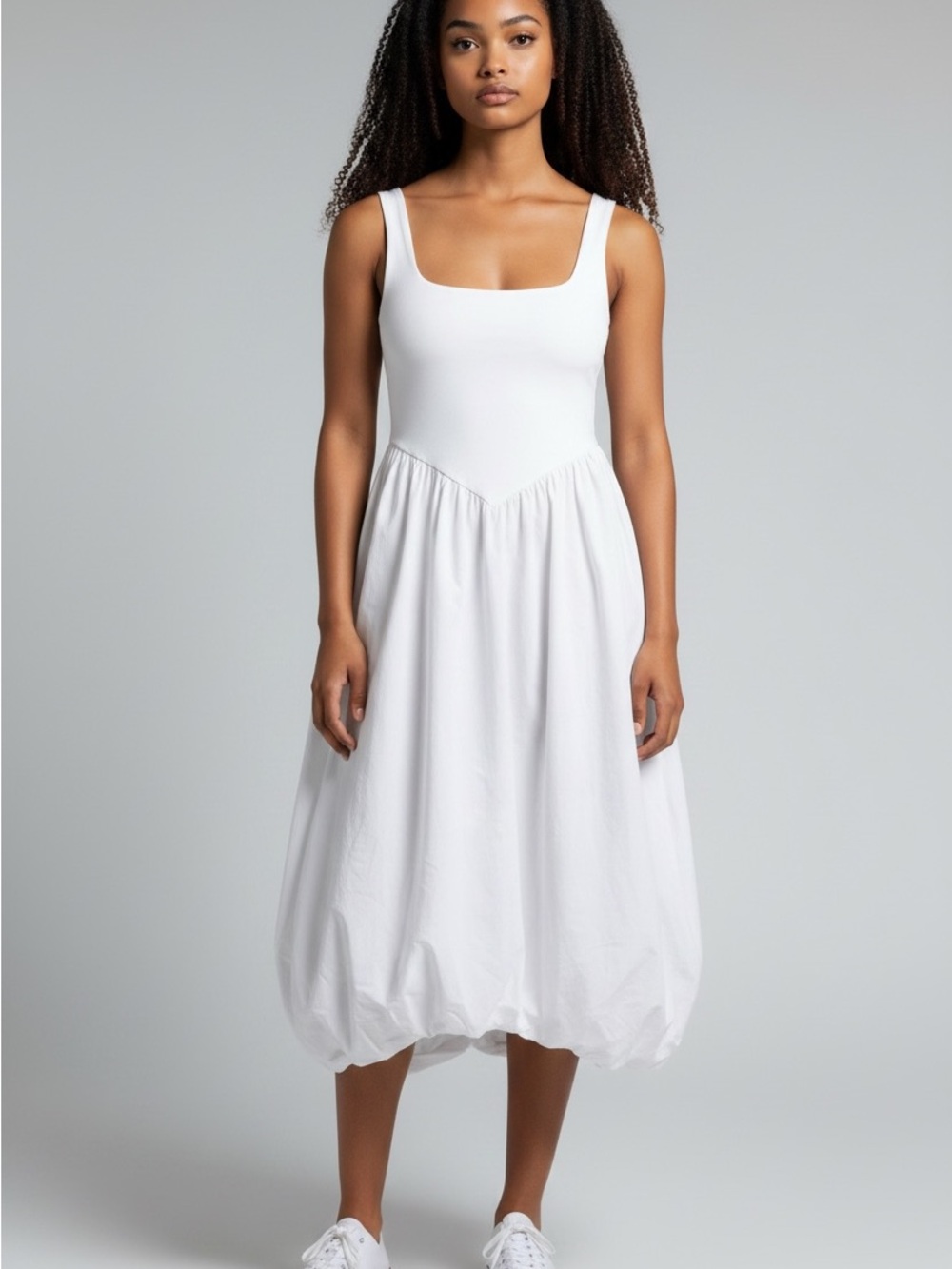 Retrod Bright White Scoop-Neck Balloon-Hem Midi Dress with Gathered Waist